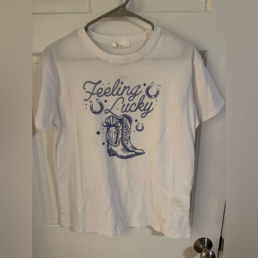 Tres Bien White Tee with Blue Graphic